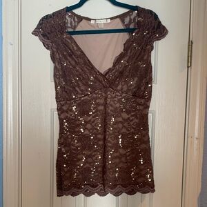 Boston Proper Cocoa Brown Lace Top with Sequins